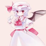  blue_hair blush chipika hand_on_hip hat hips red_eyes remilia_scarlet short_hair simple_background single_wing sketch slit_pupils soap solo touhou wings 