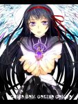  akemi_homura angel_wings bad_id black_hair hair_ribbon long_hair madoka_runes magical_girl mahou_shoujo_madoka_magica moco861012 pantyhose ribbon solo soul_gem translated wings 