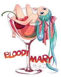  aqua_eyes aqua_hair cherry cocktail drink food fruit glass hair_ribbon hatsune_miku head_tilt highres long_hair minigirl nude ribbon rutiwa smile solo twintails very_long_hair vocaloid 