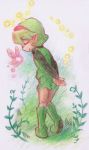  arms_behind_back behind_back boots closed_eyes eyes_closed fairy from_behind grass green_hair hairband hands lowres nak-a ocarina_of_time plant pointy_ears saria short_hair shorts smile solo the_legend_of_zelda traditional_media 