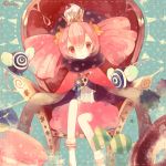  cape charlotte_(madoka_magica) clasp crown drill_hair mahou_shoujo_madoka_magica penpon penponmoe personification pink_eyes pink_hair pyotr_(madoka_magica) sleeves_past_wrists sweets throne twin_drills twintails 