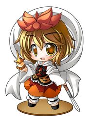  blonde_hair blush brown_hair chibi faux_figurine hakoniwa jeweled_pagoda multicolored_hair open_mouth pagoda polearm shawl shinjitsu shirt short_hair skirt smile solo spear tiger_print toramaru_shou touhou two-tone_hair weapon 