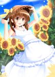  1girl adult brown_eyes brown_hair clannad dress flower hat highres okazaki_ushio sakurano_asahi short_hair sunflower teenage 