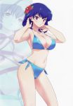  1girl :o absurdres artist_request bikini blue_bikini blue_hair blush breasts cleavage flower hair_flower hair_ornament highres large_breasts minisuka_police_2 navel purple_eyes source_request strap_gap swimsuit zoom_layer 