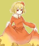  aki_shizuha blonde_hair clothes_grab colored_eyelashes dress hair_ornament leaf leaf_on_head orange_eyes red_eyes short_hair simple_background solo tamaki_hakobe touhou 