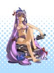  :&lt; barefoot bikini book diving_mask feet front-tie_top goggles goggles_on_head halftone halftone_background highres long_hair o-ring_bottom o-ring_top patchouli_knowledge purple_eyes purple_hair sitting snorkel solo striped striped_bikini striped_swimsuit swimsuit touhou very_long_hair violet_eyes yuuzii 