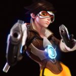  1girl brown_hair dual_wielding goggles gun ilya_kuvshinov jacket lena_oxton overwatch short_hair solo tracer_(overwatch) weapon 