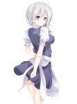  blue_eyes braid breasts fal_maro from_behind hands highres holding_arm impossible_clothes impossible_clothing impossible_shirt izayoi_sakuya looking_at_viewer looking_back maid maid_headdress shirt silver_hair simple_background solo standing touhou 