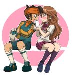  1girl armband blush brown_eyes brown_hair couple eating endou_mamoru food gloves goalkeeper headband inazuma_eleven inazuma_eleven_(series) long_hair nanjou_akimasa onigiri open_mouth raimon raimon_natsumi school_uniform short_hair soccer_uniform 