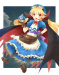  apron bag black_legwear blonde_hair cape curly_hair dress frills gloves goggles goggles_on_head hand_on_hip hat hips loafers long_hair marivel_armitage michii_yuuki pantyhose pointy_ears red_eyes ruffles shoes smile solo vampire wild_arms wild_arms_2 
