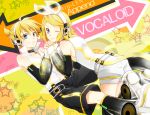  1girl absurdres ahoge aqua_eyes arm_warmers bare_shoulders blonde_hair blue_eyes brother_and_sister detached_sleeves hair_ornament hair_ribbon hairclip hand_holding headphones highres holding_hands kagamine_len kagamine_len_(append) kagamine_rin kagamine_rin_(append) kanade_(reveryearth) leg_warmers looking_back nail_polish navel revery_earth ribbon short_hair shorts siblings smile twins vocaloid vocaloid_append wink 