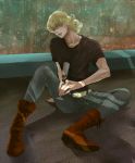  barnaby_brooks_jr belt blonde_hair boots cup glasses highres jewelry kinopipiko male necklace sitting solo studded_belt t-shirt tiger_&amp;_bunny wine_glass 
