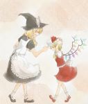  apron black_dress blonde_hair bobby_socks bow closed_eyes doily dress eyes_closed flandre_scarlet footwear grin hat hat_bow holding holding_hat kirisame_marisa mary_janes multiple_girls pale_color pale_colors profile shoes short_sleeves skirt skirt_set smile socks touhou wings witch witch_hat yaponne 