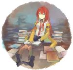  blue_eyes book boots brown_hair brown_legwear hani_(udauda) jacket long_hair makise_kurisu necktie pantyhose sitting solo steins;gate 