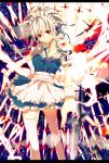  blue_eyes braid highres izayoi_sakuya knife letterboxed maid maid_headdress manya_(mohu_is-mine) manyako_(mohumohu) red_eyes ribbon short_hair silver_hair thigh-highs thighhighs throwing_knife torn_cloth torn_clothes touhou twin_braids weapon white_legwear zettai_ryouiki 