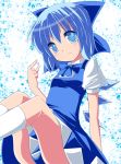  :3 arm_up between_legs blue_dress blue_eyes blue_hair bow cirno crystal dress favfavver2 hair_bow holding short_hair sitting solo touhou wings 