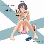  antenna_hair barefoot black_hair blue_eyes book bracelet drink finger_to_mouth happy_birthday idolmaster idolmaster_2 jewelry kikuchi_makoto kyandi looking_at_viewer necklace playstation_portable psp remote short_hair shorts simple_background sitting smile solo toes 