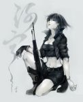  black_eyes black_hair boots copyright_request fingerless_gloves gloves gun jacket kneeling looking_up midrif midriff monochrome navel oxalicacid shorts single_glove solo source_request weapon 