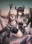  1girl absurdres arm_support armor ass bangs bare_shoulders black_hair black_legwear blka blurry breasts cleavage closed_mouth collarbone commentary demon_girl depth_of_field earrings evening expressionless gauntlets hand_up highres holding holding_sword holding_weapon horns jewelry knees_up large_breasts long_hair looking_at_viewer navel no_panties original outdoors planted_sword planted_weapon pointy_ears red_eyes revealing_clothes ruins shoulder_armor sidelocks sitting sky solo star_(sky) starry_sky stomach sword thigh-highs thighs weapon 