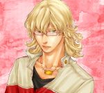  barnaby_brooks_jr blonde_hair glasses green_eyes jacket jewelry k-996 lowres male necklace realistic red_jacket solo tiger_&amp;_bunny 