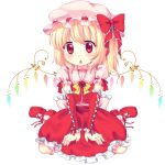  adapted_costume alternate_wings blonde_hair blush bow detached_sleeves elbow_gloves flandre_scarlet fuu_(suisouseki) gloves hat nail_polish red_eyes side_ponytail sitting touhou transparent_background v_arms wings 