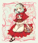  1girl basket bottle corset dress flower front_ponytail green_eyes green_hair hair_flower hair_ornament hair_ribbon hairband highres hood kagiyama_hina kinona little_red_riding_hood lolita_hairband open_mouth ribbon smile solo touhou 