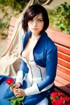  bench bioshock_infinite black_hair blue_eyes bolero breasts choker cleavage cosplay elizabeth_(bioshock_infinite) elizabeth_(bioshock_infinite)_cosplay flower looking_at_viewer ormeli sitting 