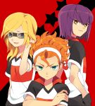  blonde_hair brown_eyes green_eyes hayabusa_hideki inazuma_eleven inazuma_eleven_(series) inazuma_eleven_go kita_ichiban multicolored_eyes multiple_boys nishinosora_yoichi orange_hair ponytail purple_hair short_hair sunglasses tengawara tsukuyomi_03 yellow_eyes 