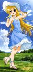  absurdres blonde_hair cloud dress fate_testarossa hat highres legs long_hair long_image lyrical_nanoha mahou_shoujo_lyrical_nanoha nyantype official_art popsicle red_eyes sandals sky solo stick_poster tall_image very_long_hair 