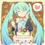 cake closed_eyes detached_sleeves eating eyes_closed food fork hand_on_cheek hand_on_own_cheek hand_on_own_face happy_birthday hatsune_miku heart long_hair necktie reki_(arequa) spoken_heart spring_onion twintails very_long_hair vocaloid 