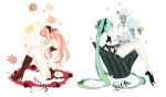  anbivarens aqua_hair boots bow closed_eyes eyes_closed flower green_hair hatsune_miku heeled_boots high_heels lingerie megurine_luka multiple_girls pink_hair shoes sitting underwear vocaloid 