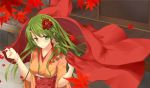  autumn flower green_eyes green_hair hair_flower hair_ornament jacket japanese_clothes kimono kochiya_sanae leaf long_hair obi outdoors smile solo touhou yoo_(pixiv630924) yoo_(tabi_no_shiori) 