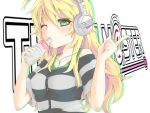  blonde_hair blush bottle drinking green_eyes headphones hoshii_miki idolmaster long_hair pointing solo tank_top yuu_(genkai77) 