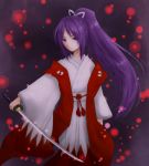  bad_id hakama japanese_clothes kagerin kataginu katana kimono long_hair meira obi ponytail purple_eyes purple_hair samurai solo sword touhou touhou_(pc-98) very_long_hair violet_eyes weapon 