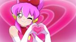  bangs bare_shoulders battle_spirits battle_spirits:_shounen_toppa_bashin blush bow bust elbow_gloves flat_chest gloves green_eyes hair_bow hair_bun hairband hands head_tilt heart heart-shaped_pupils heart_hands highres looking_at_viewer my_sunshine payot pink_hair sagamimok short_hair smile solo symbol-shaped_pupils transparent wallpaper white_gloves widescreen wink 