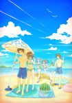  beach bikini blindfold breasts camera cleavage closed_eyes cloud condensation_trail contrail flip-flops food front-tie_top fruit highres inflatable_raft koizumi_itsuki kyon nagato_yuki navel parasol sakashima_yumewo sandals side-tie_bikini sky suzumiya_haruhi suzumiya_haruhi_no_yuuutsu swimsuit umbrella watermelon wind_lift 