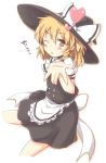  apron black_dress blonde_hair blush braid dress hat heart kirisame_marisa open_mouth outstretched_hand red_eyes rock_heart solo touhou wink witch witch_hat 