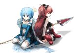  2girls apple artist_request bare_shoulders blue_eyes blue_hair boots cape detached_sleeves food gloves hair_bow long_hair magical_girl mahou_shoujo_madoka_magica miki_sayaka polearm red_hair sakura_kyouko shadow spear thighhighs weapon 