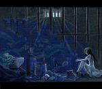  ball_and_chain bandage bandages black_hair buttons doll fish hainegom highres injury janis_(hainegom) jar long_hair original paint paintbrush painting prison shell sitting squid stone wound wounded 