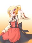  aki_minoriko alternate_hairstyle arinu blonde_hair dress food fruit grapes hair_ornament highres neck_ribbon no_hat no_headwear ponytail raised_hand red_eyes ribbon short_hair smile solo touhou 