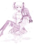  akemi_homura braid carrying choker closed_eyes eyes_closed glasses hairband kamekoya_sato kaname_madoka long_hair magical_girl mahou_shoujo_madoka_magica monochrome multiple_girls pantyhose princess_carry purple short_hair simple_background spoilers twin_braids twintails 