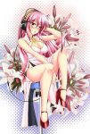  bare_legs bespectacled blush breasts china_dress chinese_clothes cleavage cleavage_cutout flower glasses hand_on_headphones headphones high_heels lily_(flower) long_hair megurine_luka merufena no_panties pink_eyes pink_hair red-framed_glasses red_shoes shoes side_slit sitting solo stool vocaloid 
