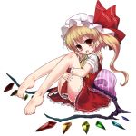  ascot ass bare_legs barefoot between_legs blonde_hair blush censored child convenient_censoring feet flandre_scarlet hat hat_ribbon leg_hug legs legs_up lowres mondo open_mouth red_eyes ribbon shirt side_ponytail simple_background sitting skirt skirt_set smile solo the_embodiment_of_scarlet_devil touhou transparent_background wings wrist_cuffs wrist_ribbon 