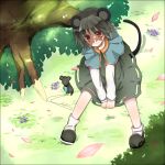  bad_id capelet dress grass jewelry koori_hana mouse mouse_ears mouse_tail nazrin pendant sitting smile tail touhou tree v_arms 
