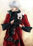  1boy 1other animal belt blue_eyes capcom cat coat dante devil_may_cry feline gloves grey_hair human kitten leather male silver_hair solo trench_coat unknown_artist 