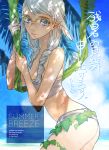  blue_eyes braid breasts cleavage elf english face glasses hitowa leaf lips long_hair original palm_tree pointy_ears silver_hair solo summer translated tree tubetop twin_braids zanshomimai 