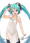  apron aqua_eyes aqua_hair bare_shoulders face hatsune_miku highres ladle long_hair miu_(angelo_whitechoc) naked_apron open_mouth salute see-through simple_background smile thigh-highs thighhighs twintails very_long_hair vocaloid vocaloid_(lat-type_ver) 