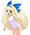  :o blonde_hair blue_eyes blush bow child clothed_navel flat_chest hair_bow hair_ribbon hairband hands hips long_hair looking_at_viewer mizuki_gyokuran one-piece_swimsuit open_mouth original outstretched_arms ribbon school_swimsuit signature smile solo spread_arms swimsuit very_long_hair white_school_swimsuit 