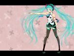  aqua_eyes aqua_hair bare_shoulders hatsune_miku headphones highres letterboxed long_hair nail_polish necktie outstretched_arm pigeon-toed pigeon_toed sakuu skirt solo thigh-highs thighhighs twintails very_long_hair vocaloid vocaloid_(lat-type_ver) 