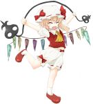  \o/ arms_up ascot blonde_hair bloomers blush closed_eyes eyes_closed flandre_scarlet hat laevatein lowres madhand midriff no_pants open_mouth outstretched_arms running shirt side_ponytail simple_background solo the_embodiment_of_scarlet_devil touhou wings 